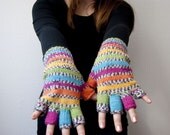 Hand knit fingerless gloves - parrot. Rainbow stripes in pink, turquoise, green, yellow and orange.