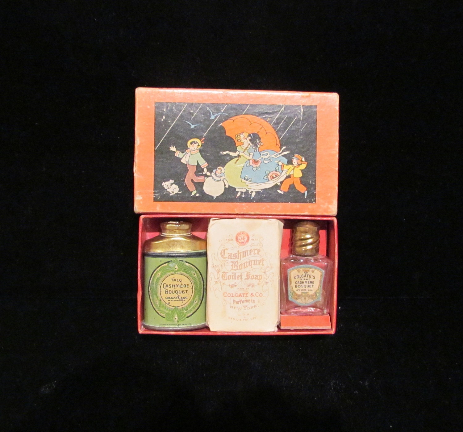 1930's Cashmere Bouquet Box Compact Box Travel Box Vintage Travel Box Powder Box Perfume Bottle Set RARE