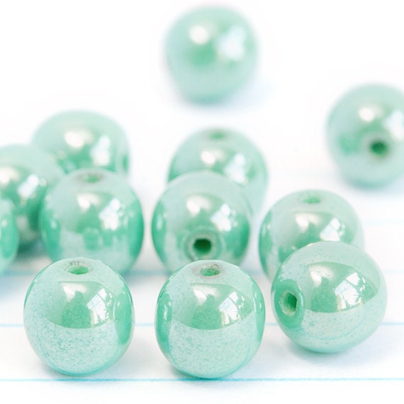 Turquoise Opaque Pearl Luster Rounds - Czech Glass Beads (6mm) x 12