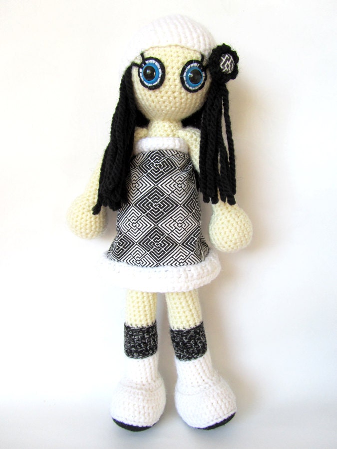 Crocheted doll soft toy black white kids amigurumi unique