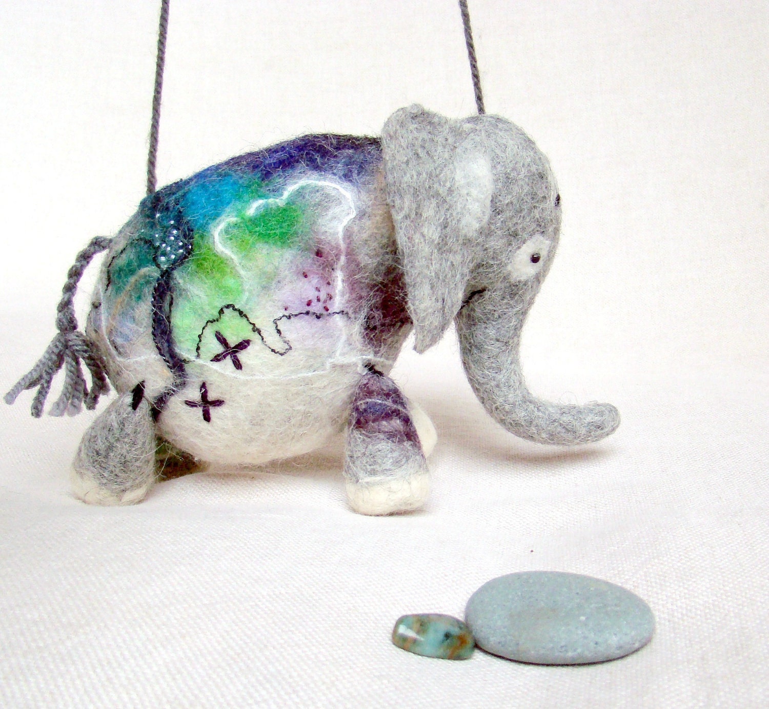Anthonio - Felt Elephant. Handmade Puppet, Art Marionette, Felted Animal, Stuffed Toy. grey blue purple green spring fresh. MADE TO ORDER