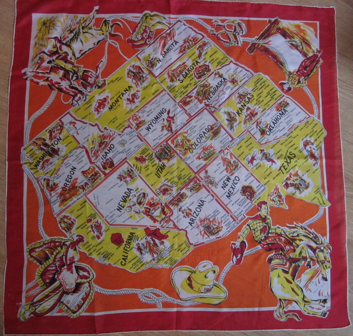 Great Vintage 29" Square Silk Cowboy Scarf w/ Southwestern States Map