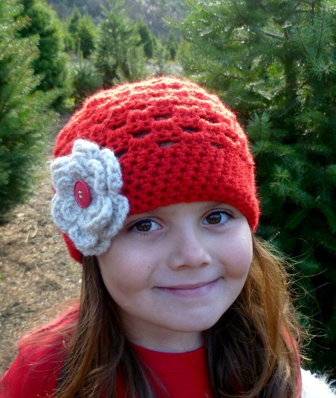 Red Beanie Hat with Grey Linen Flower - Baby Toddler Children -  Fourth of July