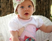 Baby Hat  Beanie Green with Pink and Ecru Flower - Infant/Toddler/Child