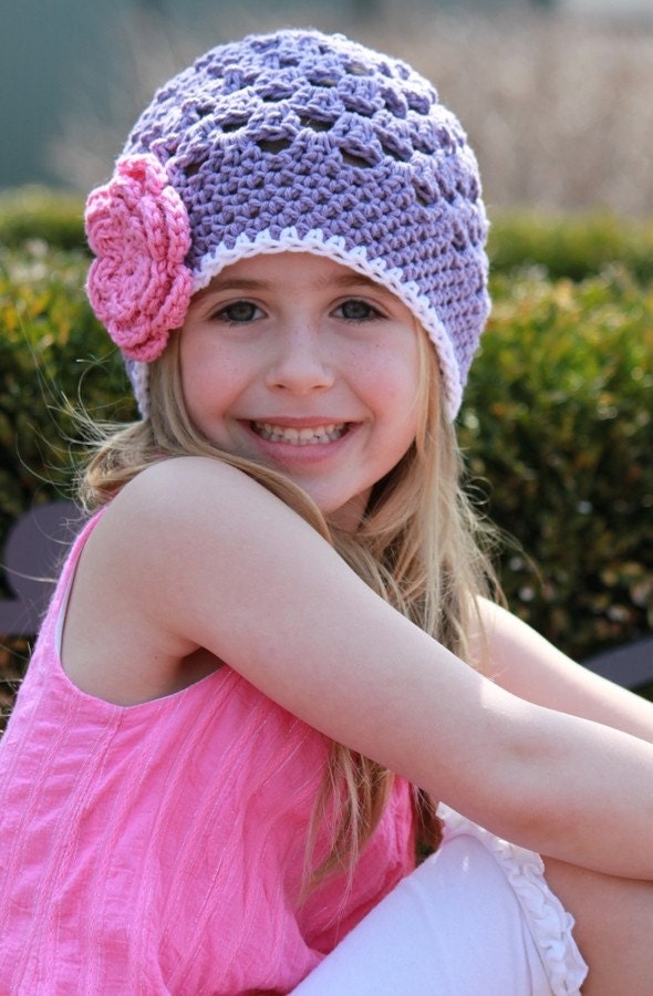 Girls Crochet Purple Beanie Hat with Pink Flower - Available in All Sizes - Perfect for Spring