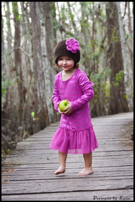 Girls Brown Crochet Beanie Hat with Fuchsia Pink Flower and Green Leaves - Baby Toddler Children
