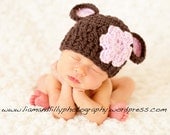 NEWBORN Baby Girl Hat, Chunky Monkey Flapper Hat, Brown with Pale Pink Ears and Flower. Photo Props. Baby Shower Gift