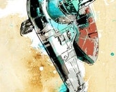 Star Wars Boba Fett Slave 1 spaceship illustration - Art print size 13x19