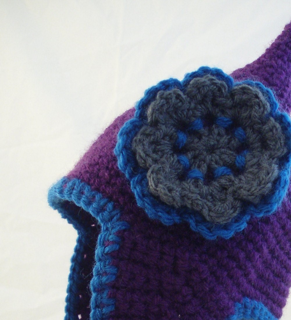 Pointed Purple Baby Hat with Earflaps, Gray and Blue Flower and Matching Booties