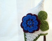 Pointed White Baby Hat with Earflaps, Blue and Burgundy Flower and Olive Green Leaves