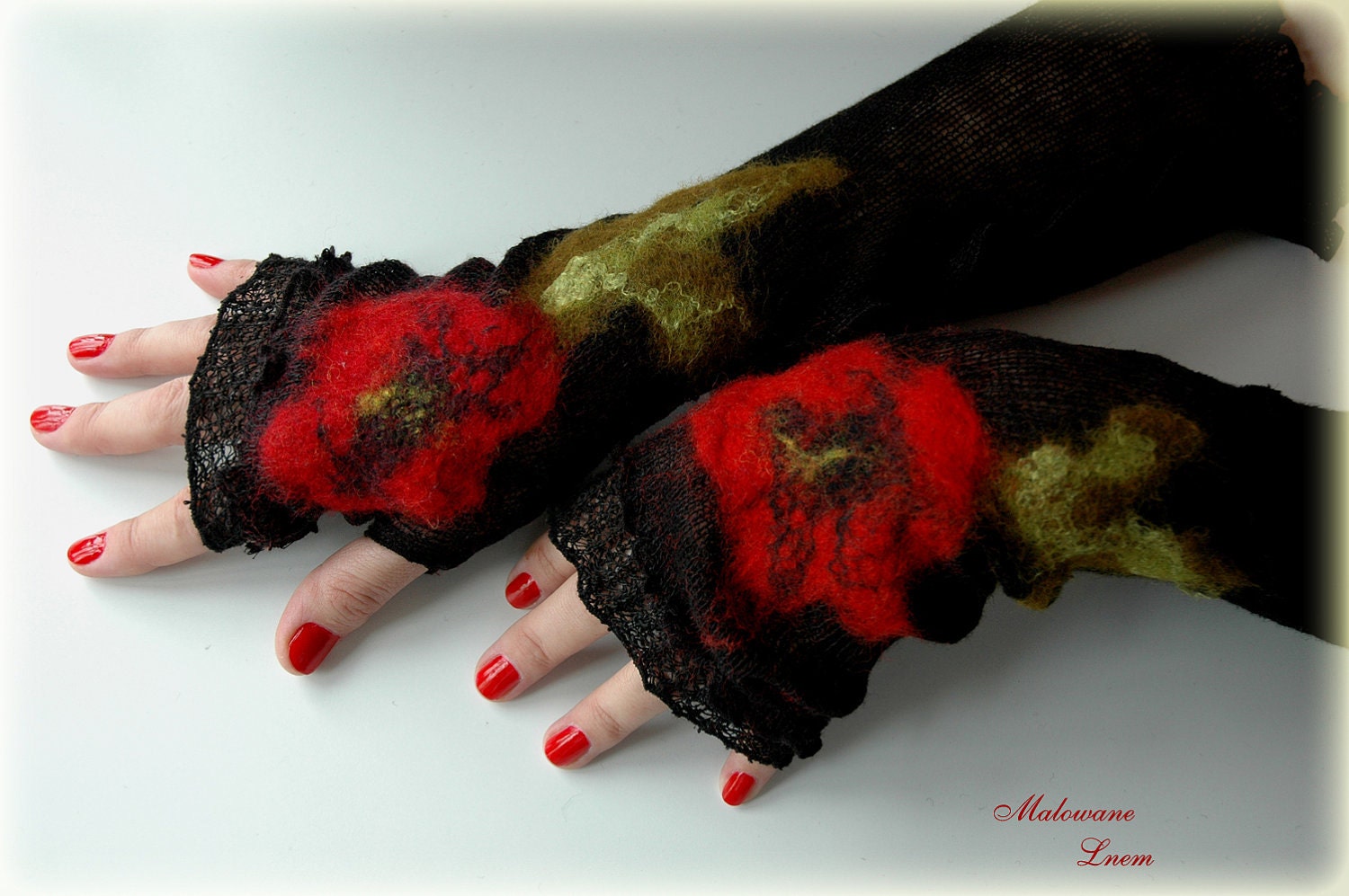Romantic Black Mittens Arm Warmers With Unique Felt Fower Appliques eco friendly