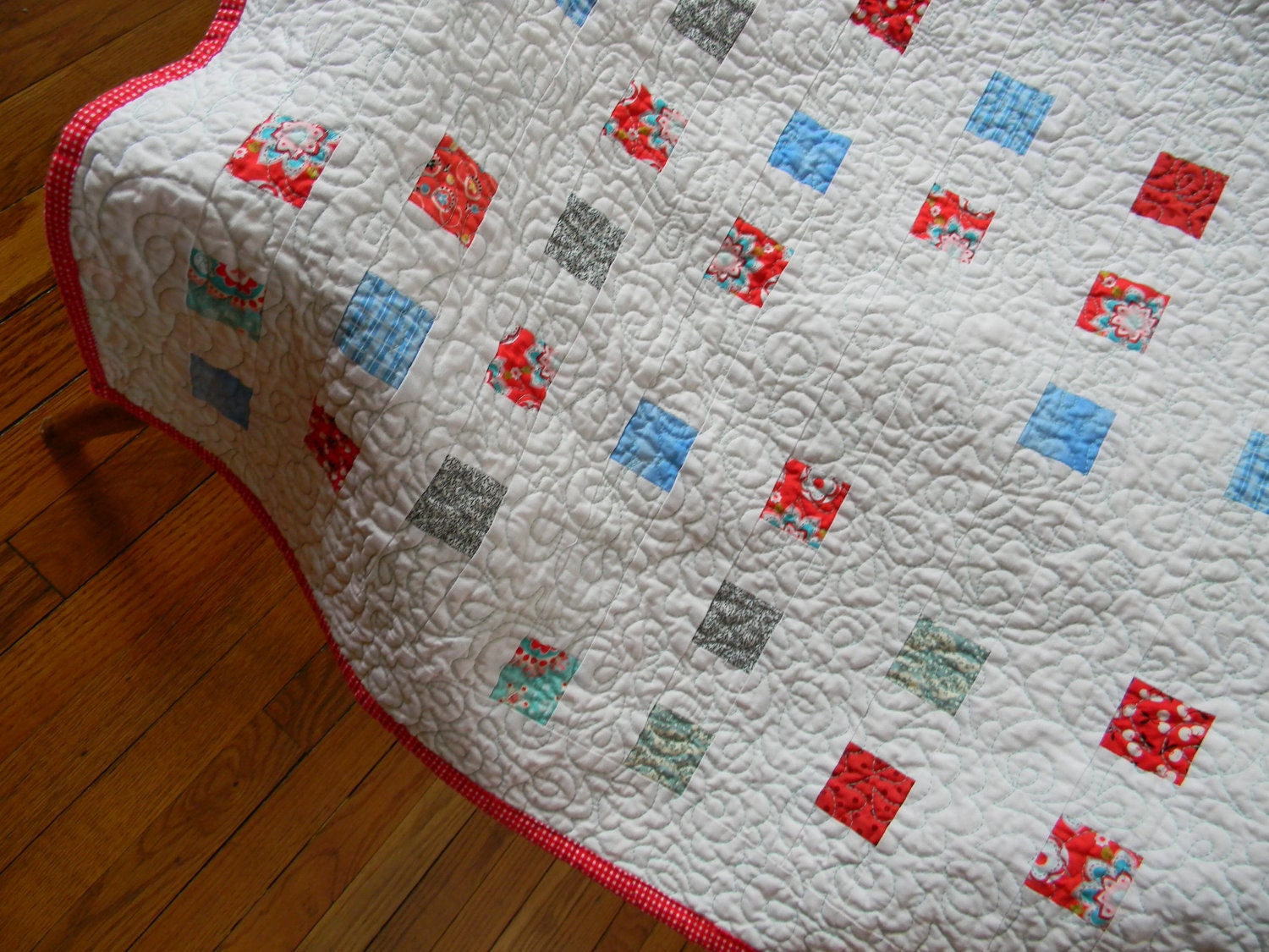 Special Price Confetti  Baby Quilt or Wall Quilt Red and Aqua Bedding