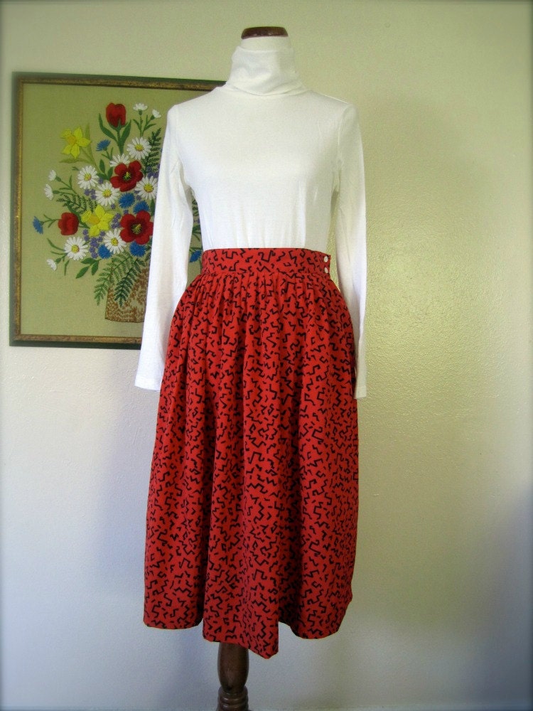 Vintage Skirt // 80s Red Tribal Abstract // Small