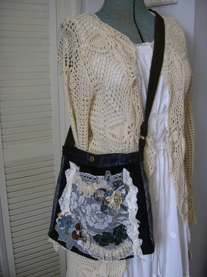 RESERVED Handmade Fabric Bag, long cross over strap, blue shoulder purse, lace embellished SALE