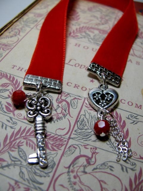 Red Velvet Bookmark with Skeleton Key & Heart Charms