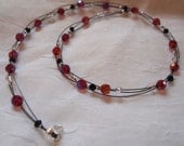 Red Faceted Glass Beaded Necklace with Clear and Jet Black Crystals - 18 inches long with Lobster Clasp