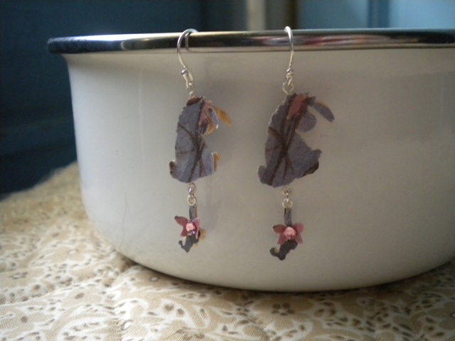 Disney Eeyore Earrings - Paper Earrings with Dangle Tail, Pink Bow, & Crystals - Winnie the Pooh