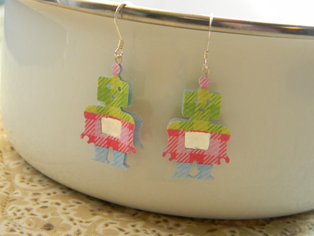 Robot Paper Earrings - Pink, Green, and Blue Dangle Earrings with Foil Belly - Girly Robots, Flight of the Conchords