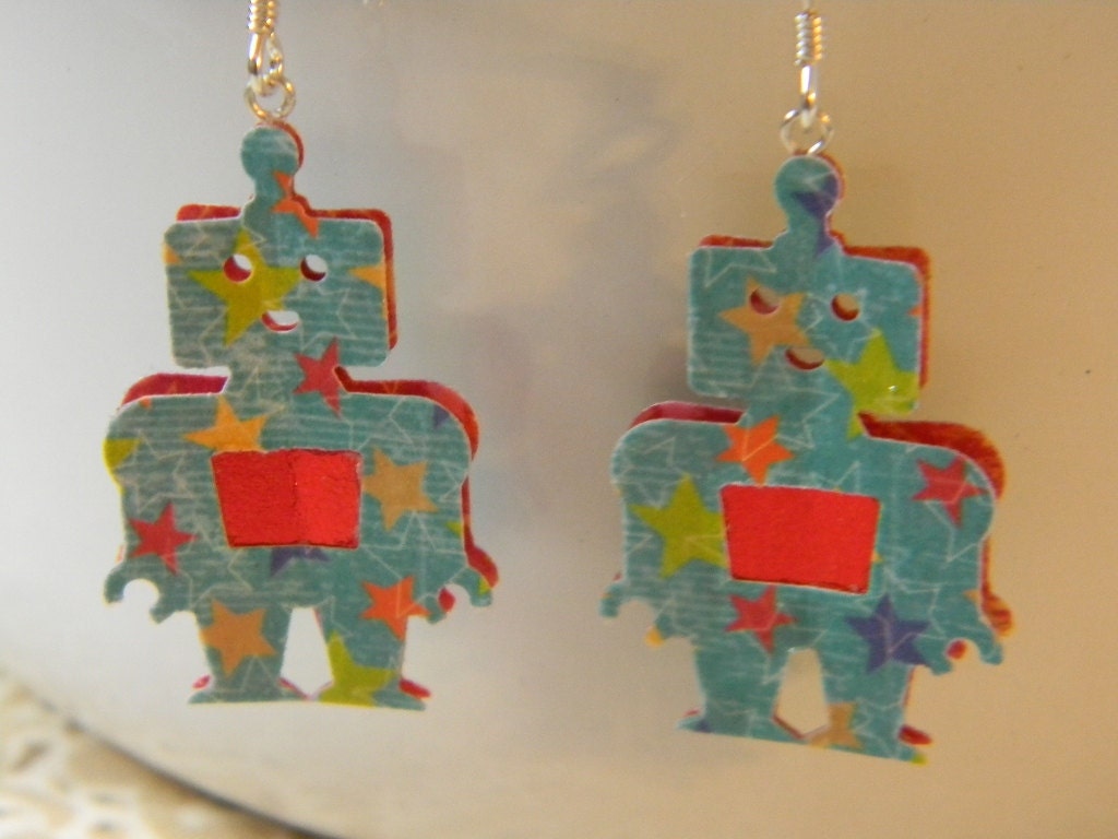 Robot Paper Earrings - Teal Robots with Colorful Stars and Red Belly  - Fun Robots, The Distant Future