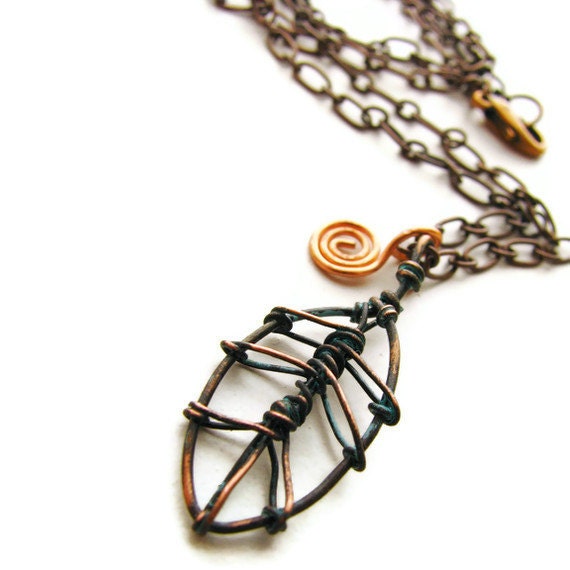 Copper Leaf Necklace With Verdigris (Green) Patina and Coil Charm Woodland Inspired