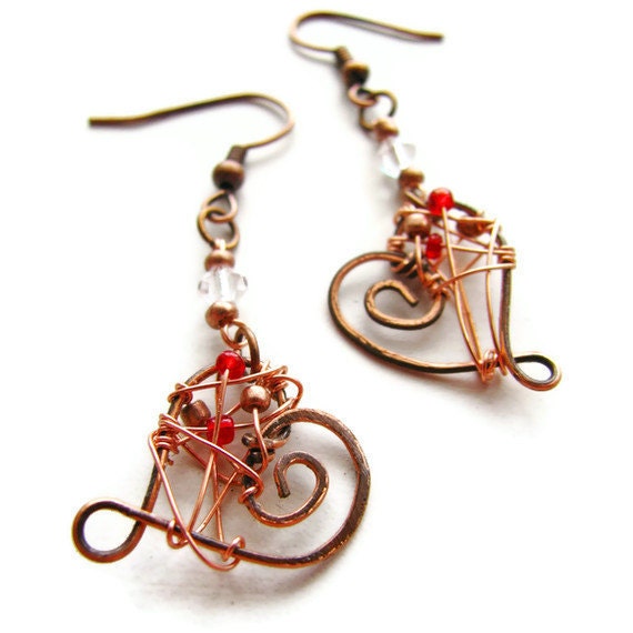 Hammered Heart and Swarovski Earrings Copper Wire Wrapped in Red Green or Blue CLEARANCE - heversonart