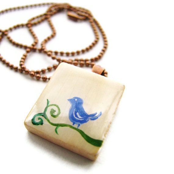 Happy Bluebird Vintage Scrabble Tile Necklace Hand Painted - heversonart