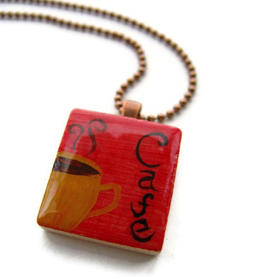 Red Cafe Scrabble Tile Necklace Hand Painted Yellow Coffee Mug - heversonart