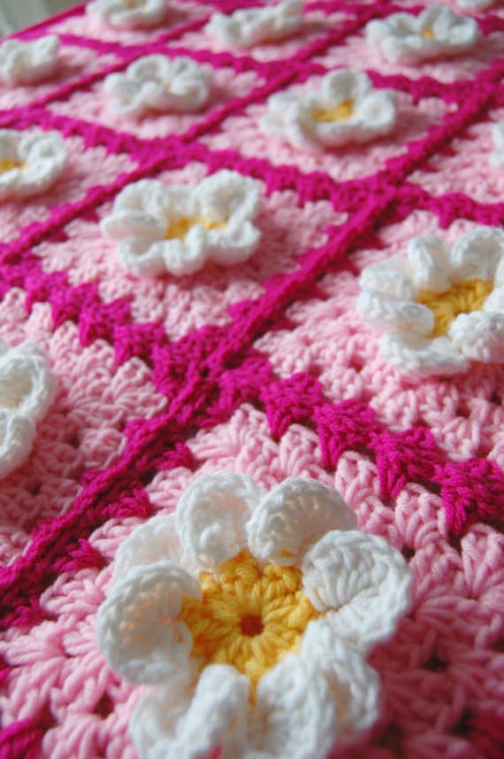 Daisy Flower Pink Granny Square Patchwork Baby Granny Square Afghan Blanket Baby Shower Gift