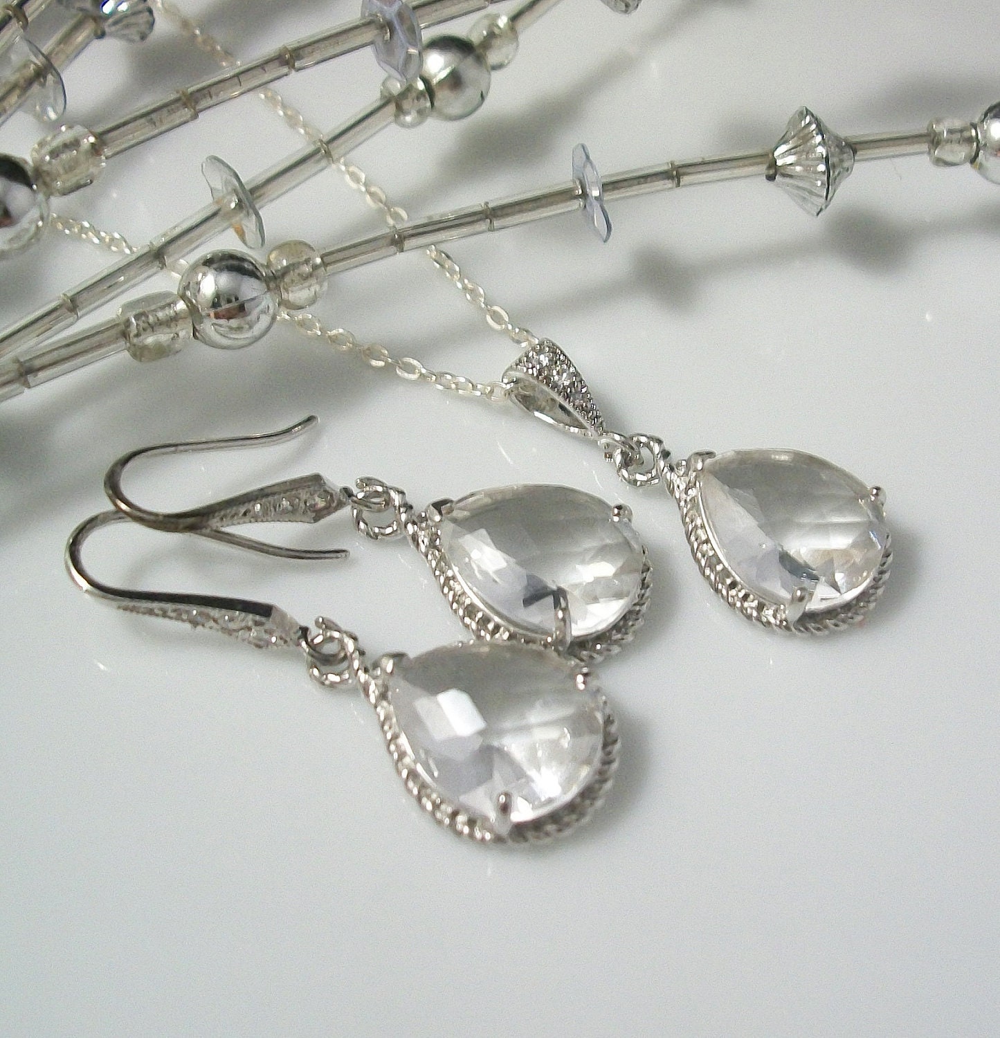 Silver Teardrop Czech Glass Crystal Necklace and Earring Set Bridesmaids Jewelry, Bridal Jewelry REF-601