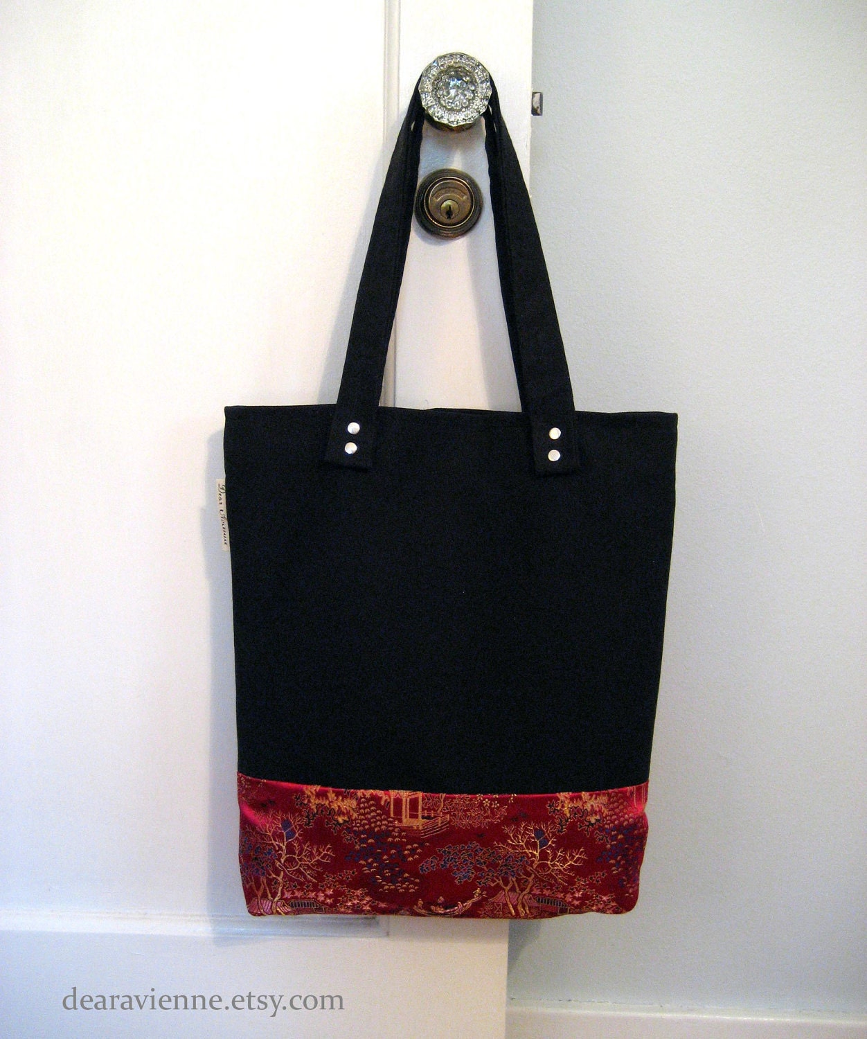 Pink & Black Tote Bag / Canvas and Brocade / Purple Lining / Handmade