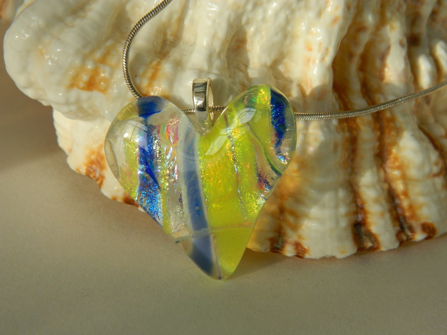 Fused Glass Heart Dichroic Blue Silver and Yellow pendant necklace
