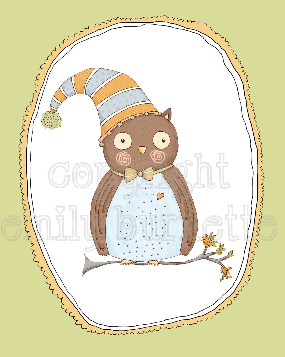 8x10 - Percival the Owl with Hat - Nature - Spring Green Lime Apple - Boy Girl Nursery Wall Art Print - Emily Burnette - Recipe 4 Cute