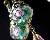 Peacock Blue Green Pink Rose Crystal Earrings Steampunk Jewelry Antique Vintage Victorian Bridal Style