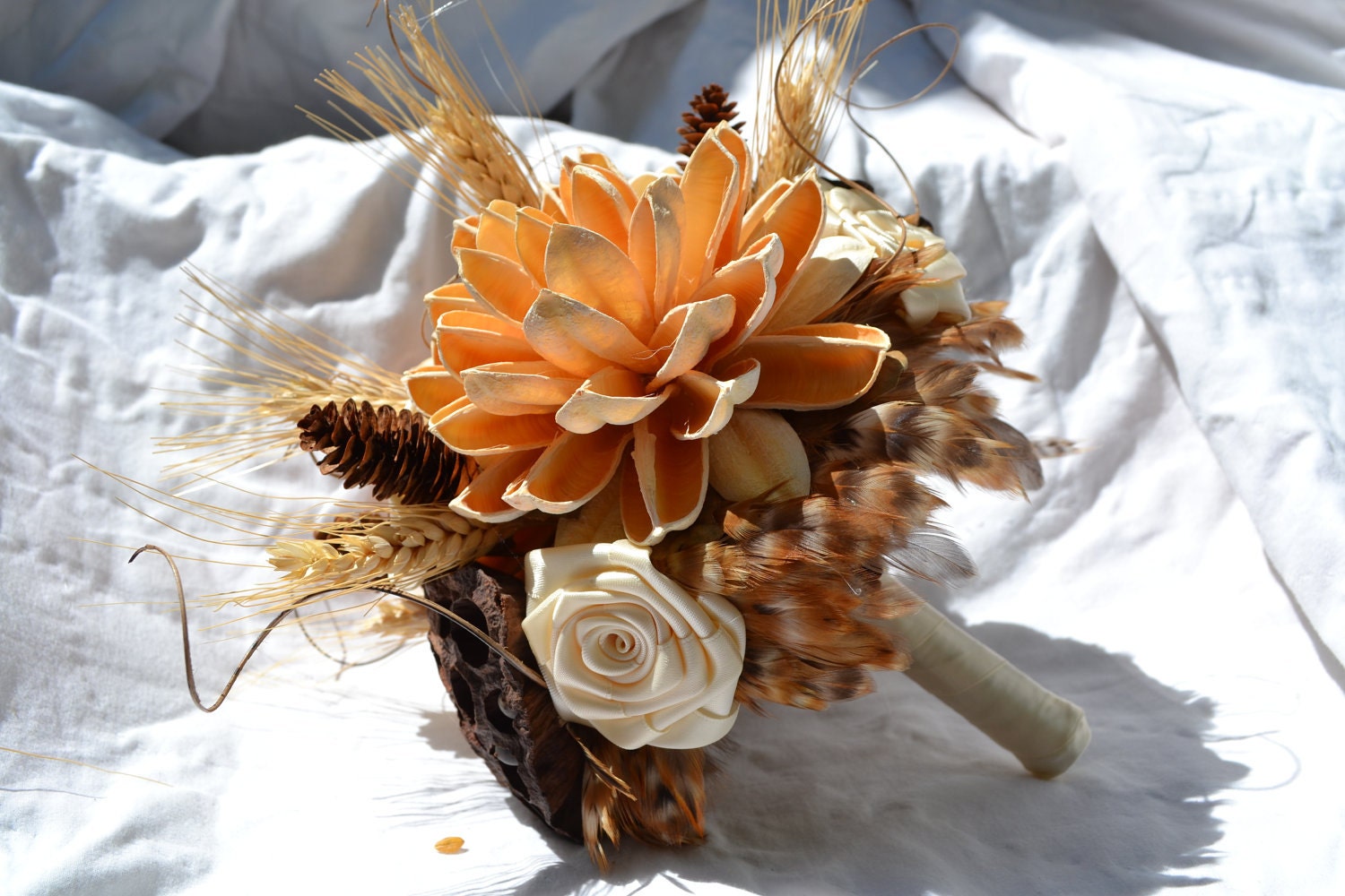 Rustic Bridal Bouquet with Dahlia, Lotus Pods, Pinecones and wheat. Ivory Natural. Fall Weddings