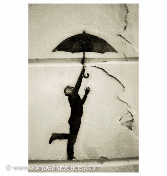 Paris street art / graffiti, man with umbrella - Mister Poppins- stencil, Black and White Photography 8x12 Original Photograph