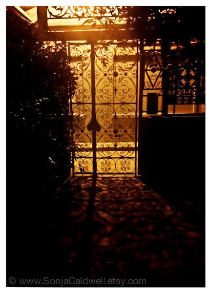 Wrought Iron Gate - Paris, night, shadows, golden light, courtyard - 5x7 - Original Fine Art Photograph
