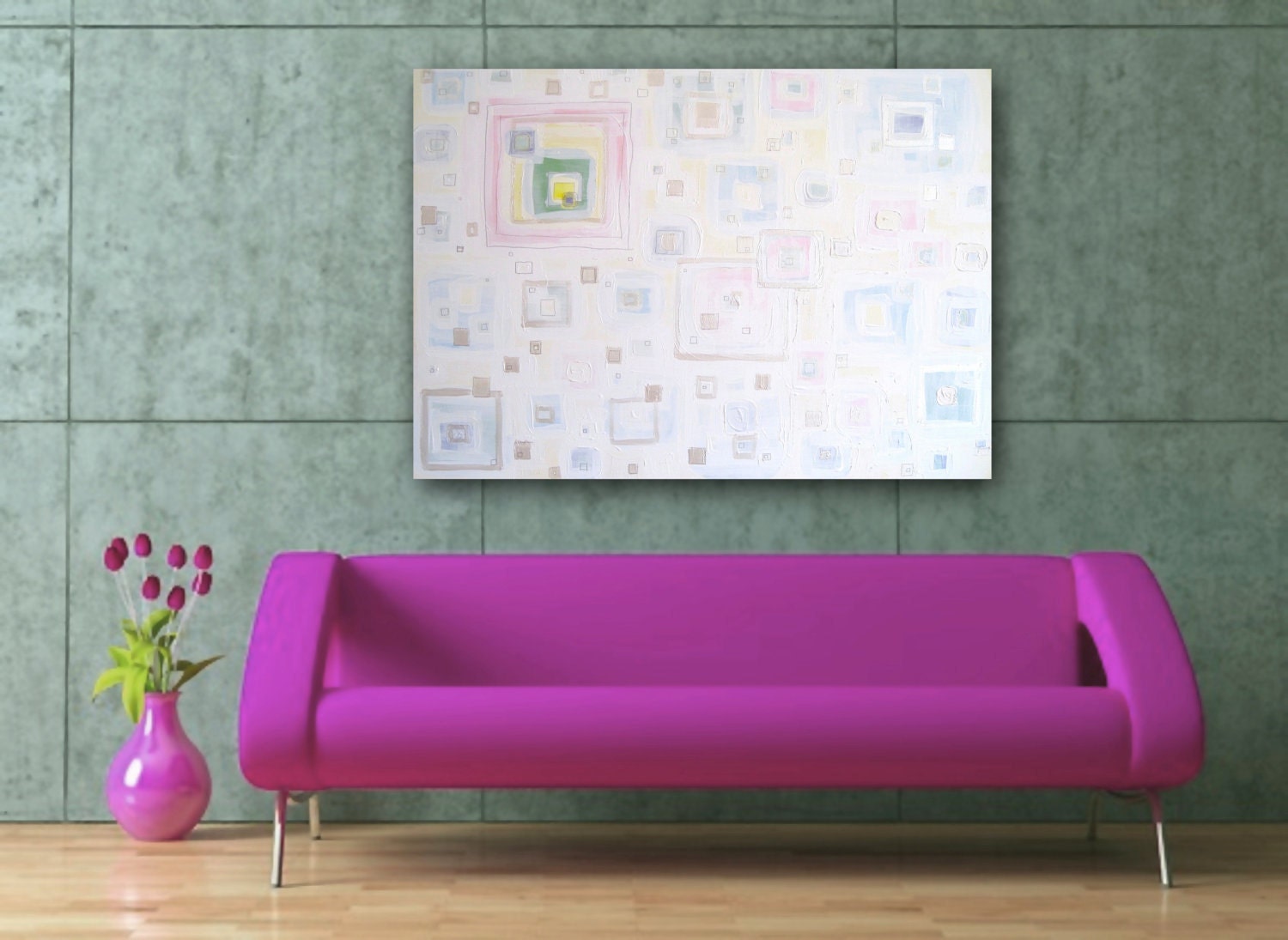 SALE - Large Abstract Acrylic Painting Original Fine Art 40"x30" - geometric white easter pastel