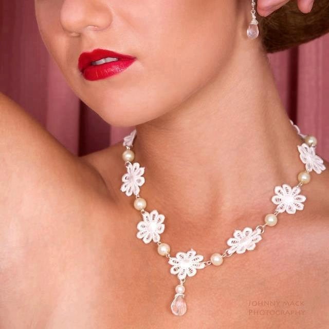 Bridal Lace Necklace. Wedding Flower Necklace. Romantic Pearl Lace Necklace - 30% OFF - Brianna