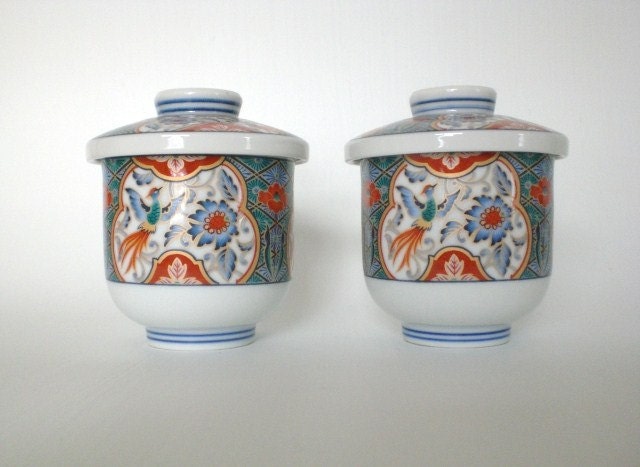 Vintage Japanese Tea Cups with Lids Set of 2