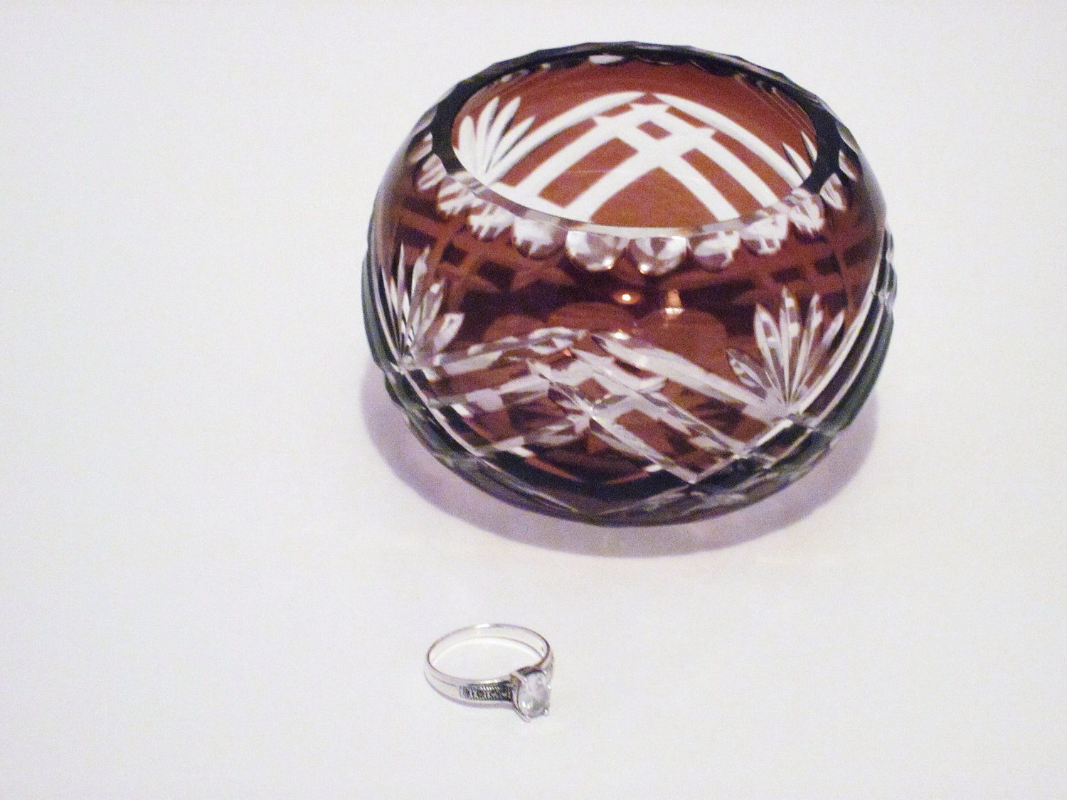 Bohemian Glass Rose Bowl Purple Red Burgundy Crystal Cut To Clear