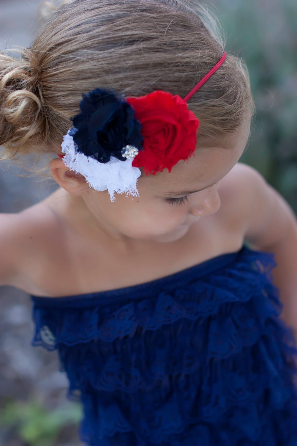 navy blue lace ruffle romper with nautical shabby flower headband