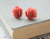 Coral Rose Earrings Salmon Pink Rose Stud Earrings Flower Post Earrings Sugical Steel Summer Jewelry Nature Inspired Romantic Floral Garden