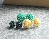 Flower Stud Earrings, Rose post earrings Teal Dahlia Spring Floral Flower Light Yellow Turquoise Aqua Blue Ivory Cream Navy Three Pairs