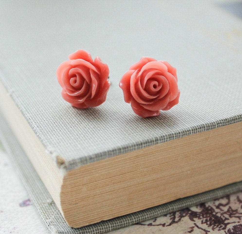 Coral Rose Earrings Salmon Pink Rose Stud Earrings Flower Post Earrings Sugical Steel Summer Jewelry Nature Inspired Romantic Floral Garden