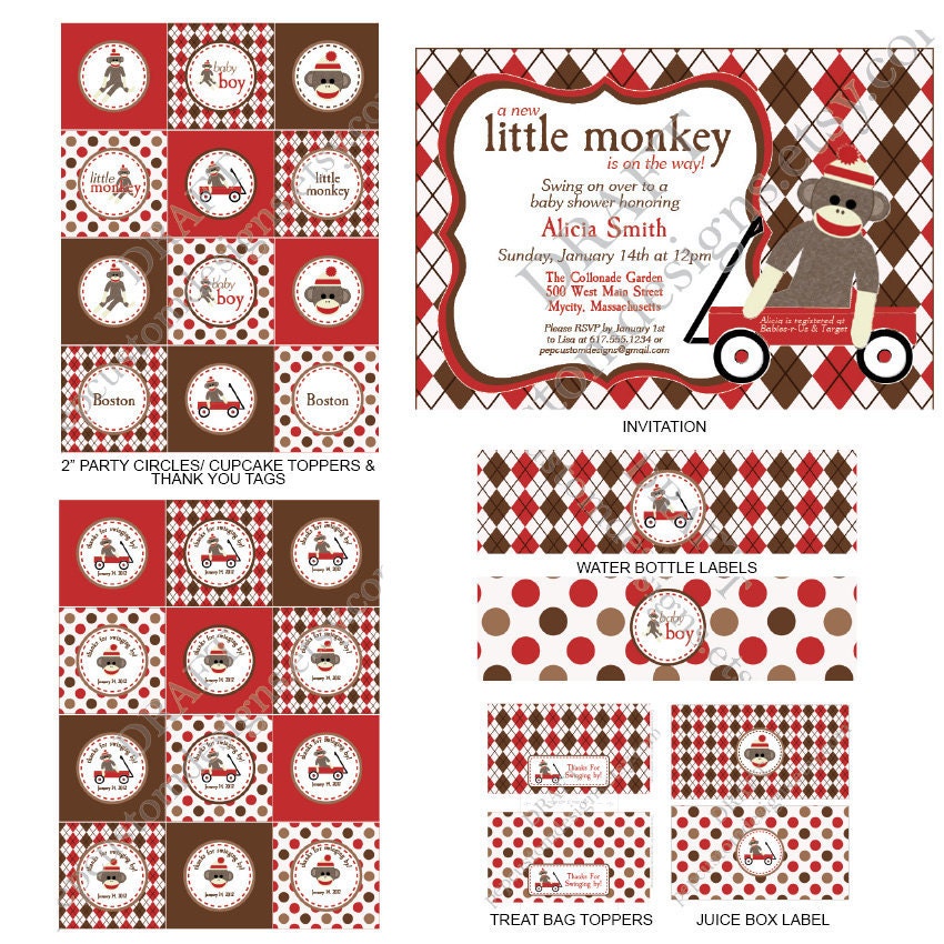 DIY -  Printable: Customized Sock Monkey Baby Shower - Set of 15 Items