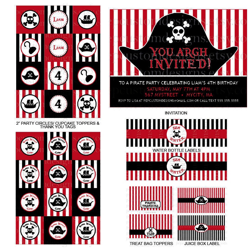 DIY -  Printable: Pirate Birthday Party Set -  13 items (invitation, party circles, water bottle labels, banner and more)