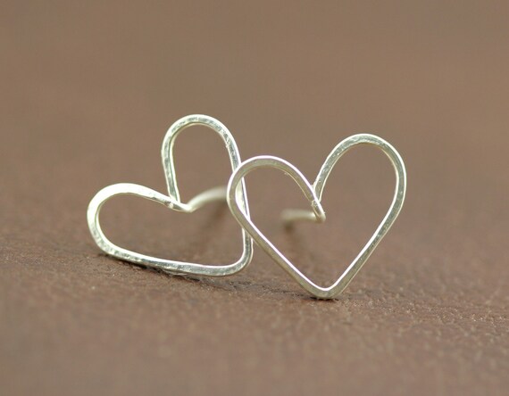 Heart Earrings : Silver Plated Wire Bent, Hammered Heart Stud Earrings, Hand Bent, Artisan Tree, Love Earrings