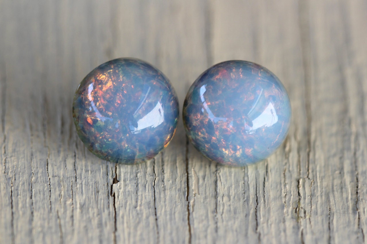 Fake Plugs, Opal Studs : Ocean View. Blue, Pink and Yellow Glass Opal Dome Stud Earrings, Sterling Silver Posts, Artisan Tree, 13mm