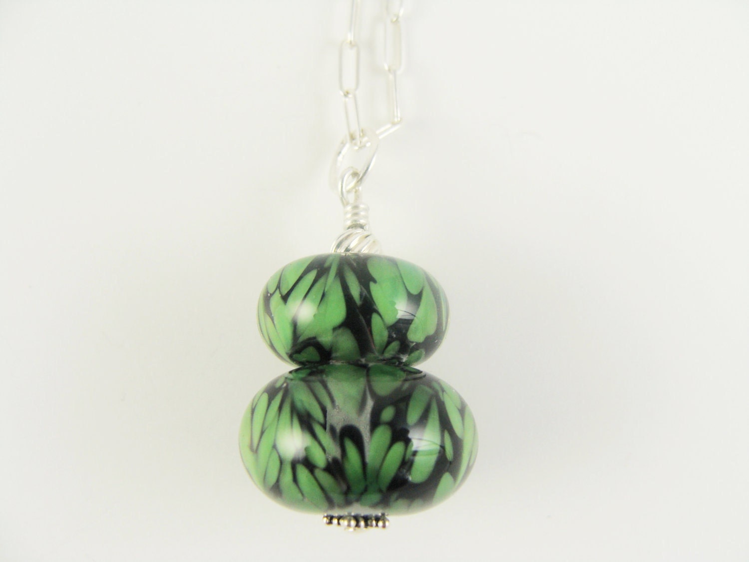 Boro Lampwork Pendant Necklace, Glass Bead Necklace, Beadwork Pendant Necklace, Lampwork Jewelry, Green Black Beaded Necklace