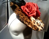 10" Leopard Print Feathered Fascinator w/Roses